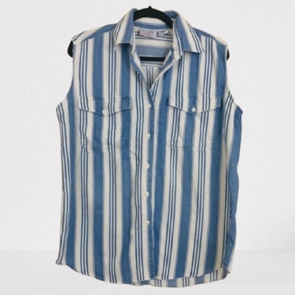 Vintage 1990s Blue White Striped Sleeveless Button Down Shirt Size Medium - Picture 1 of 4